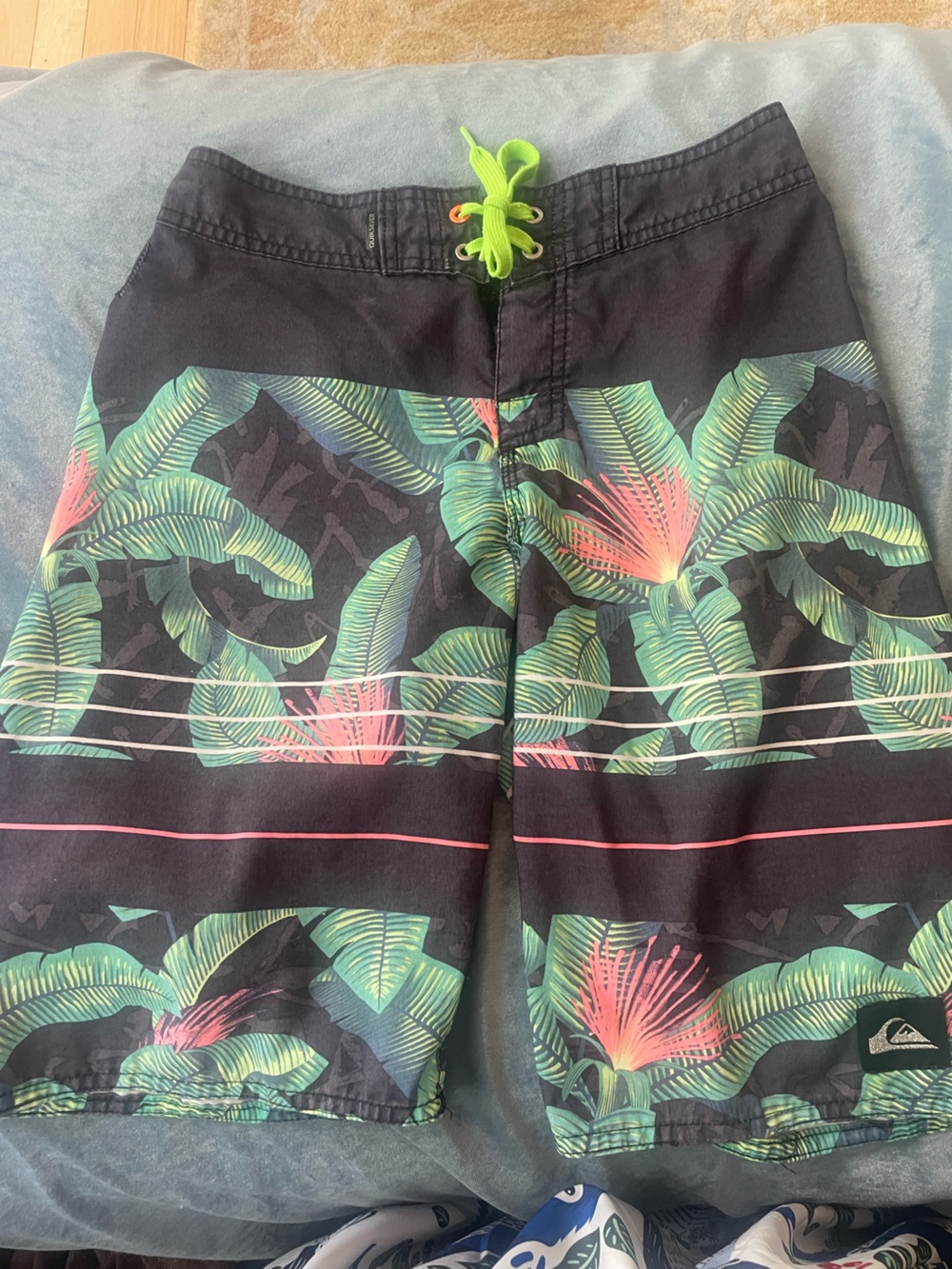 Quiksilver Black Swim Trunks with Green and Pink Tropical Print